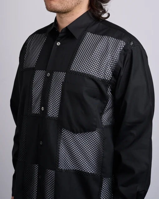 New COMME des GARÇONS HOMME Plus Cotton Broad Poly Mesh Button Shirt Black