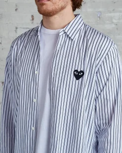 Discount Comme des Garçons PLAY Black Heart Striped Long Sleeve Button Shirt Blue