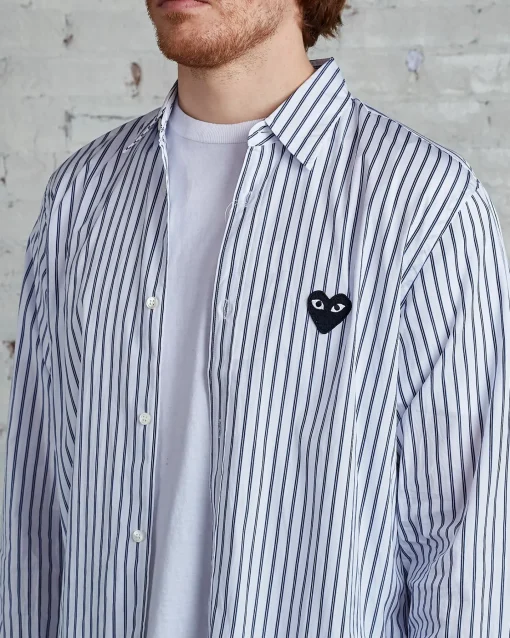 Discount Comme des Garçons PLAY Black Heart Striped Long Sleeve Button Shirt Blue