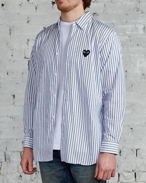 Discount Comme des Garçons PLAY Black Heart Striped Long Sleeve Button Shirt Blue