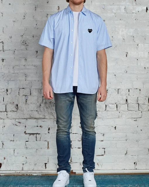 Discount Comme des Garçons PLAY Black Heart Striped Short Sleeve Button Shirt Blue
