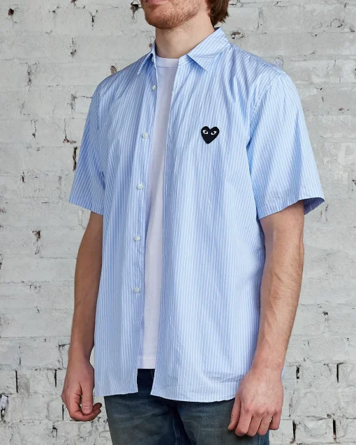 Discount Comme des Garçons PLAY Black Heart Striped Short Sleeve Button Shirt Blue