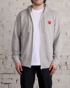 Discount Comme des Garçons PLAY Invader Red Heart Zip Hooded Sweatshirt Grey