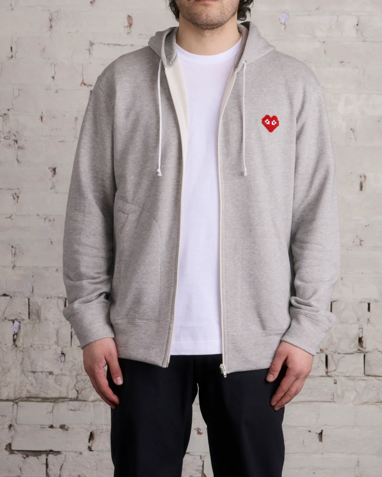 Discount Comme des Garçons PLAY Invader Red Heart Zip Hooded Sweatshirt Grey