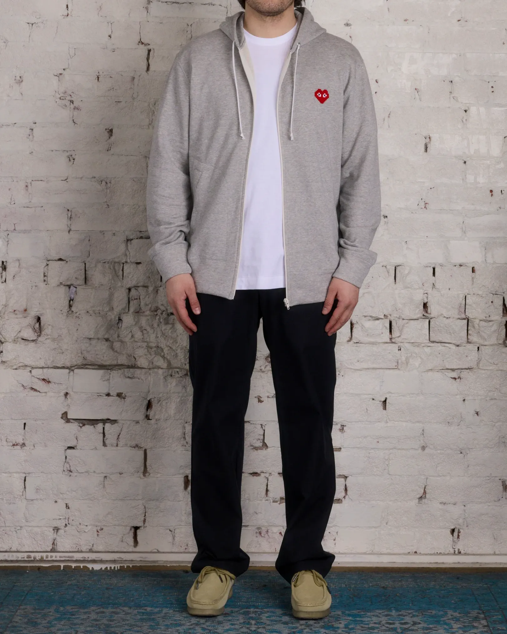 Discount Comme des Garçons PLAY Invader Red Heart Zip Hooded Sweatshirt Grey