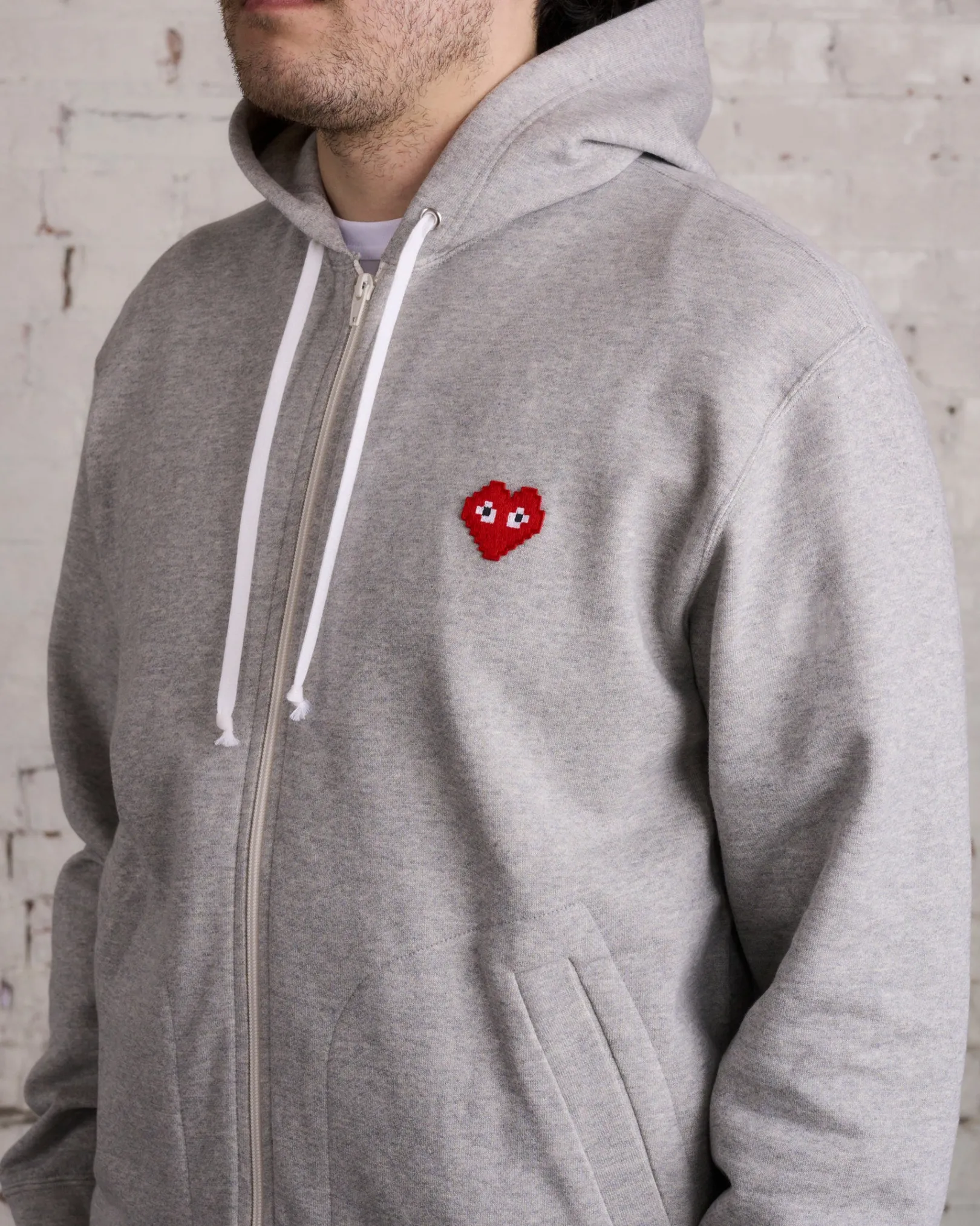 Discount Comme des Garçons PLAY Invader Red Heart Zip Hooded Sweatshirt Grey