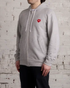 Discount Comme des Garçons PLAY Invader Red Heart Zip Hooded Sweatshirt Grey