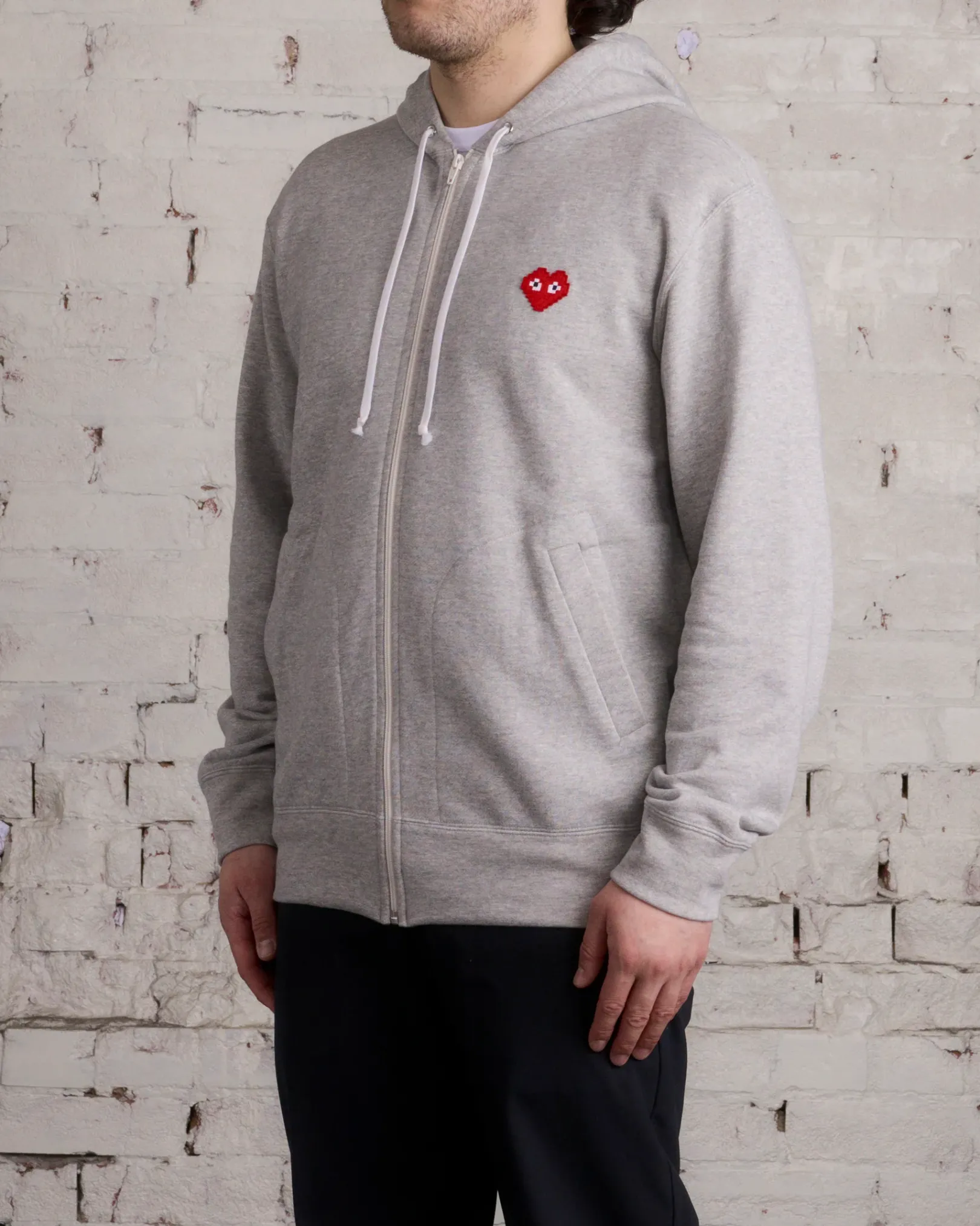 Discount Comme des Garçons PLAY Invader Red Heart Zip Hooded Sweatshirt Grey