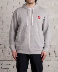 Discount Comme des Garçons PLAY Invader Red Heart Zip Hooded Sweatshirt Grey