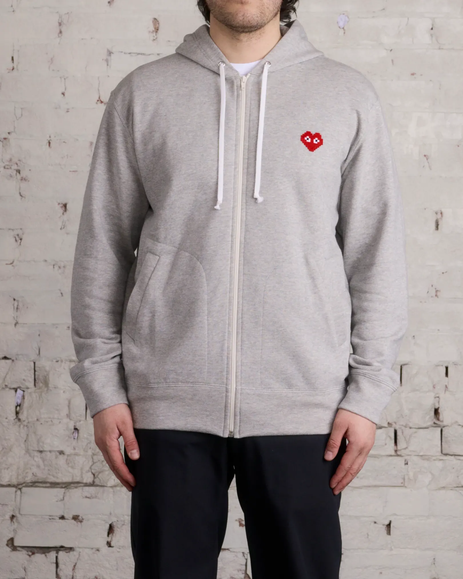 Discount Comme des Garçons PLAY Invader Red Heart Zip Hooded Sweatshirt Grey