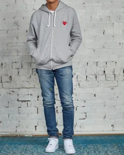 Outlet Comme des Garçons PLAY Red Heart Zip Hooded Sweatshirt Grey