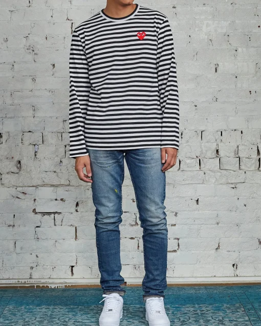 Online Comme des Garçons PLAY Red Heart Striped Long Sleeve T-Shirt Black / White