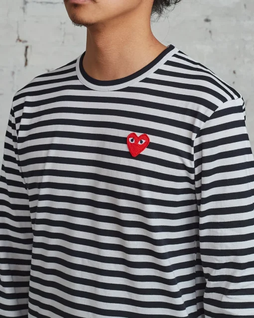 Online Comme des Garçons PLAY Red Heart Striped Long Sleeve T-Shirt Black / White