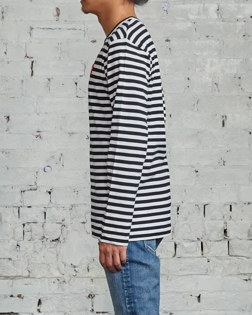 Online Comme des Garçons PLAY Red Heart Striped Long Sleeve T-Shirt Black / White