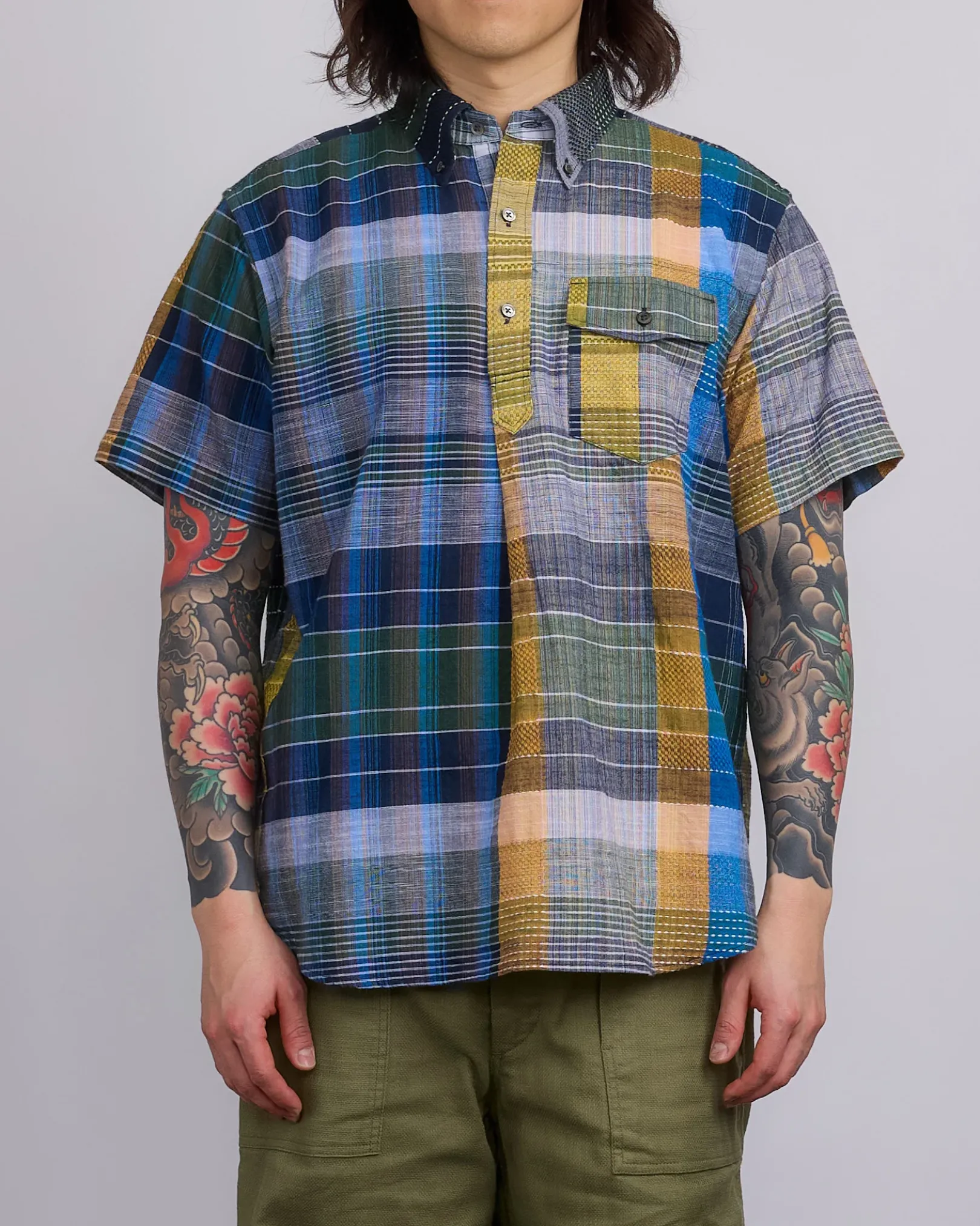 Fashion Engineered Garments Popover BD Shirt Navy Madras Jacquard