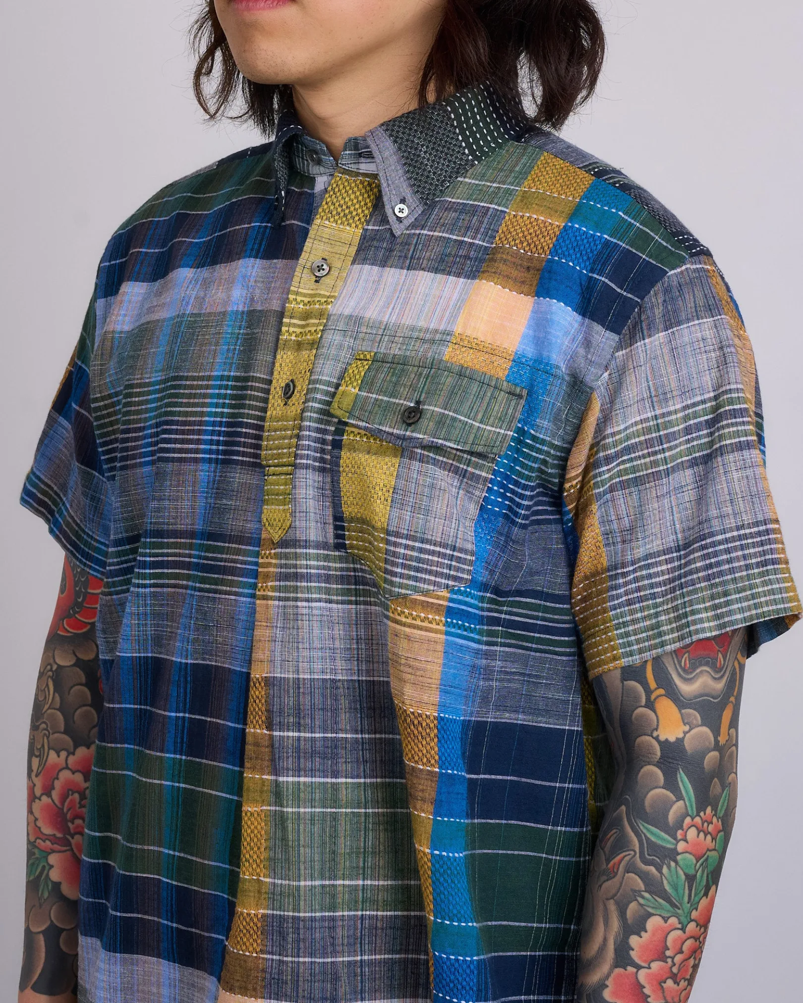 Fashion Engineered Garments Popover BD Shirt Navy Madras Jacquard