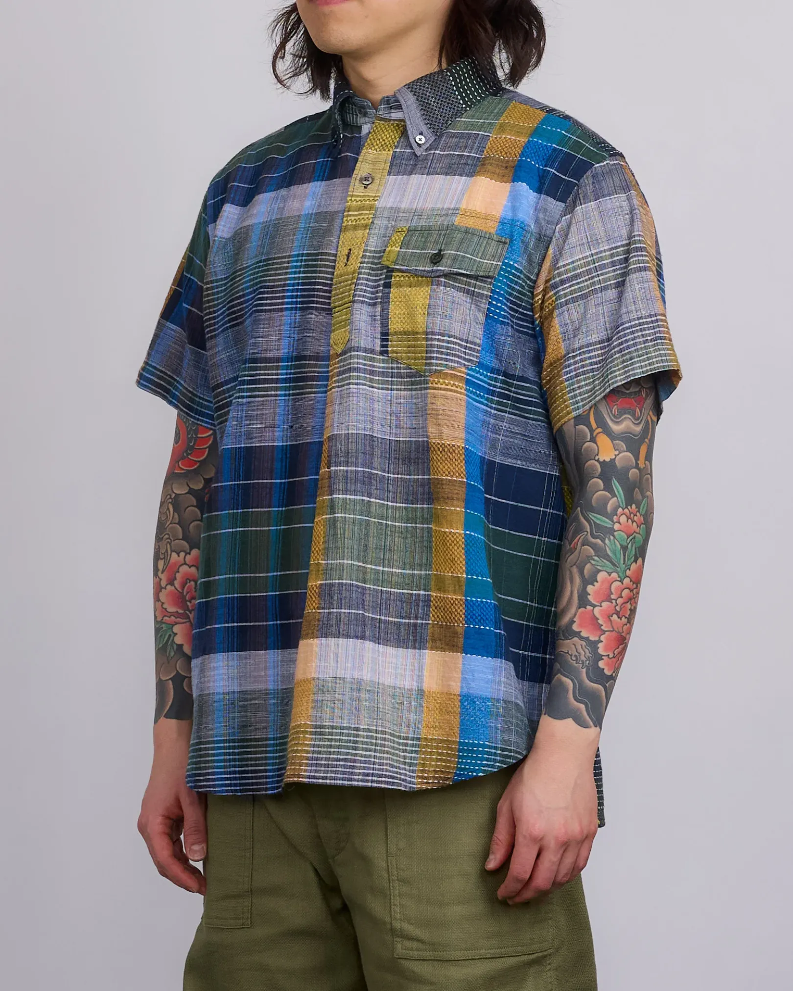 Fashion Engineered Garments Popover BD Shirt Navy Madras Jacquard
