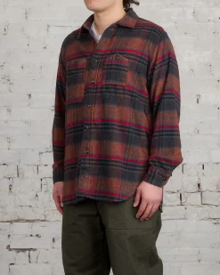Clearance Engineered Garments Work Button Shirt Orange Red Plaid Flannel