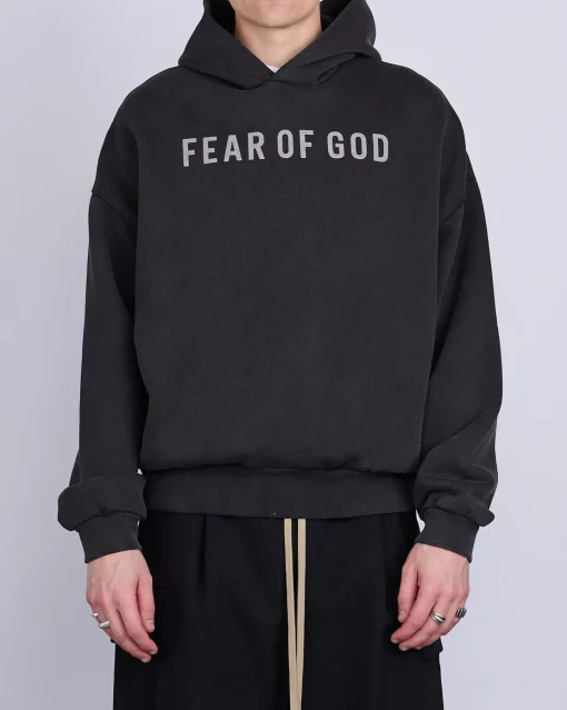 Discount Fear of God Overlapped French Terry FOG Print Hoodie Black/Grey
