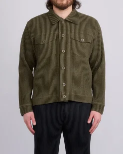 Hot HOMME PLISSÉ ISSEY MIYAKE Wool Like Light Trucker Jacket Khaki