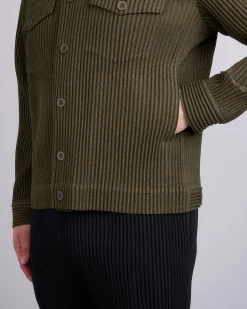 Hot HOMME PLISSÉ ISSEY MIYAKE Wool Like Light Trucker Jacket Khaki