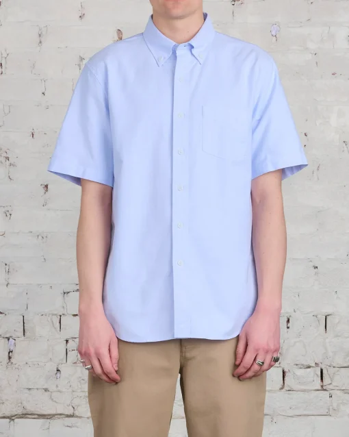 New Reigning Champ Windsor Short Sleeve Oxford Button Shirt Light Blue