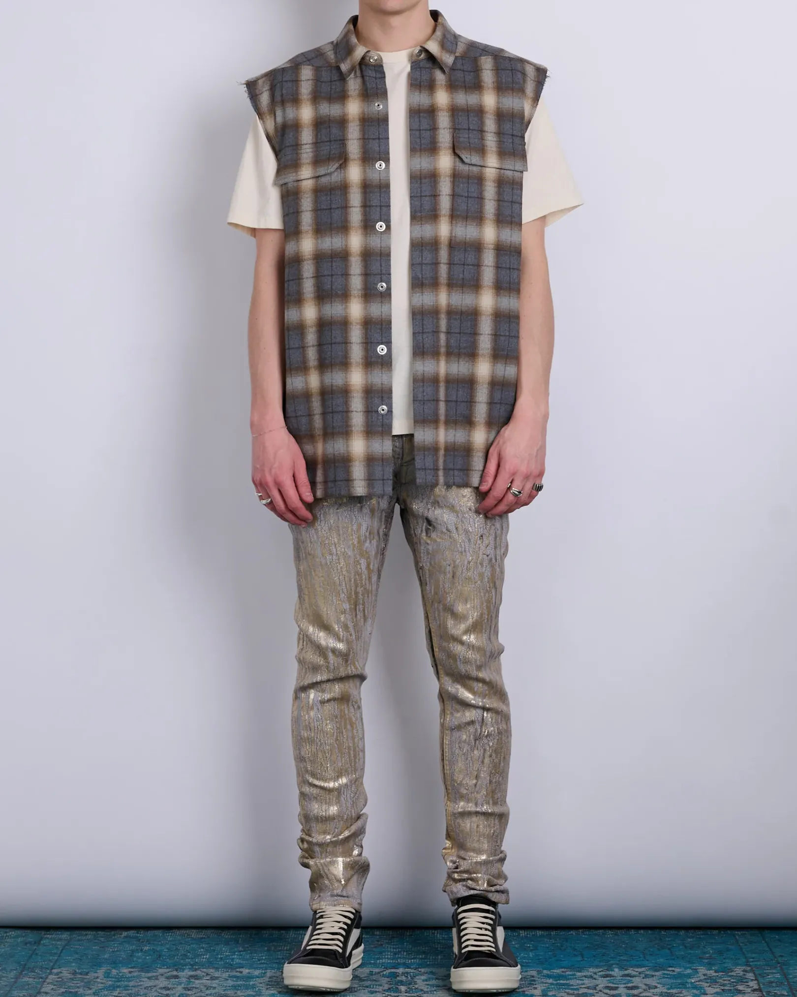 New Rick Owens Jumbo SL Outershirt Cotton Plaid Grey