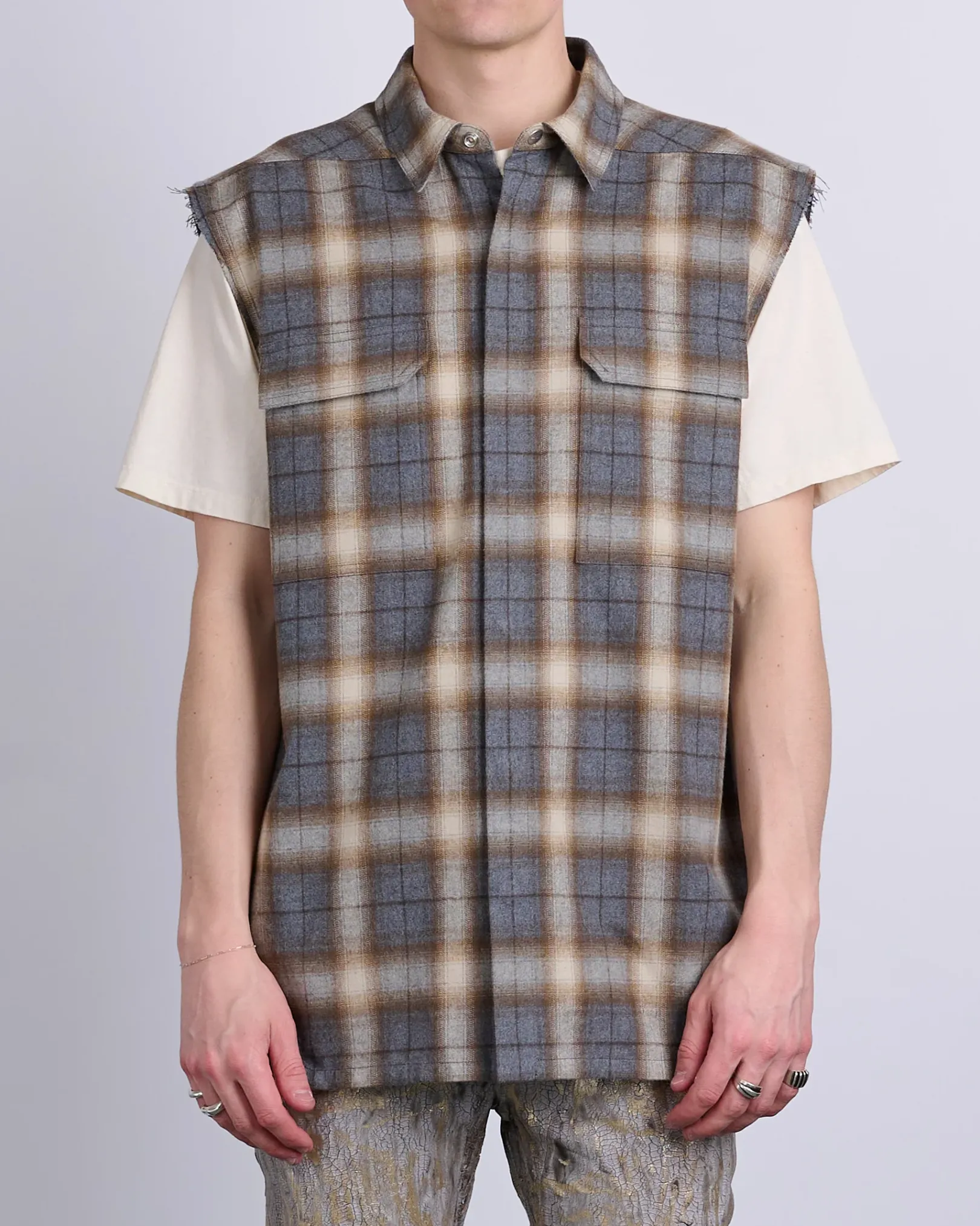 New Rick Owens Jumbo SL Outershirt Cotton Plaid Grey