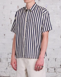 Best Stussy Flat Bottom Striped SS Button Shirt Navy