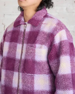 Outlet Stussy Zip Sherpa Shadow Plaid Jacket Berry
