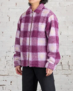 Outlet Stussy Zip Sherpa Shadow Plaid Jacket Berry