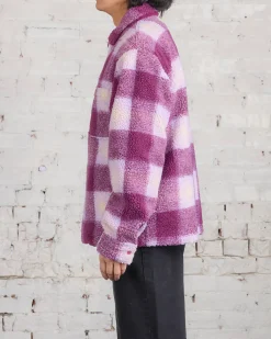 Outlet Stussy Zip Sherpa Shadow Plaid Jacket Berry